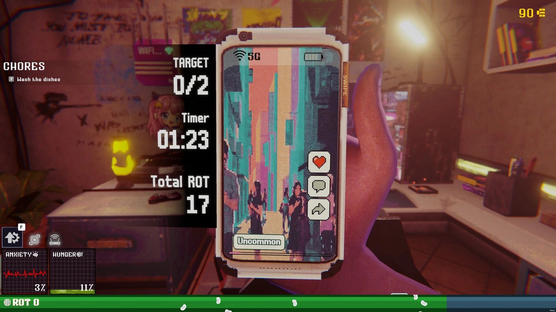 Rotted: Holding a smartphone with 5G feed UI and chores panel in a cluttered bedroom desk area.