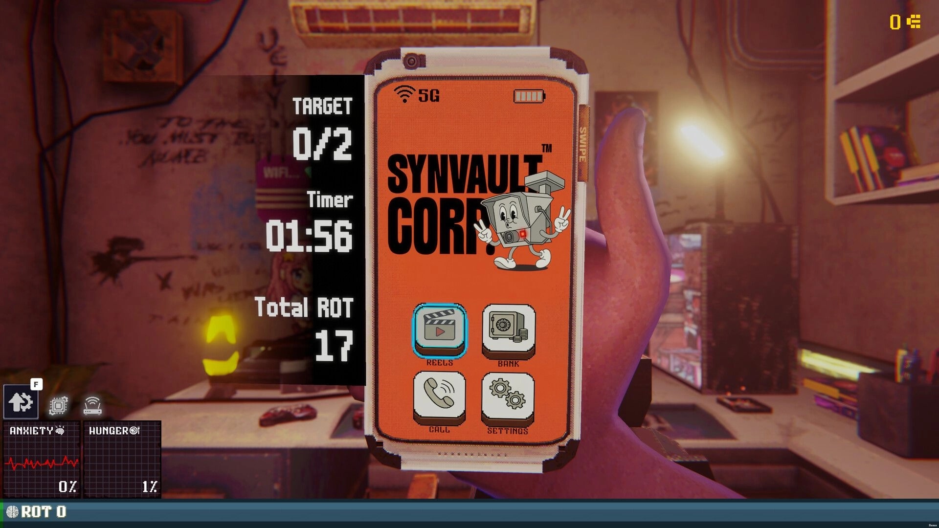 Rotted: Holding phone on Synvault Corp screen with reels and bank icons in cluttered room UI.