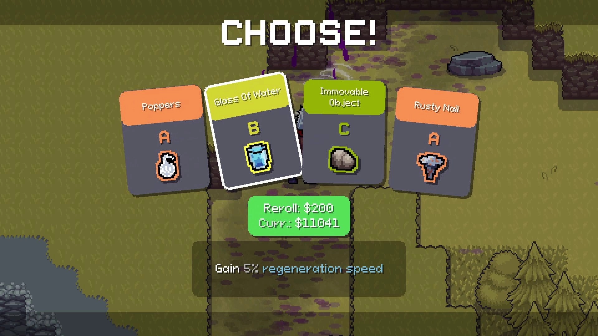 Rotten: Choice screen with items Poppers, Glass of Water, Immovable Object, and Rusty Nail displayed