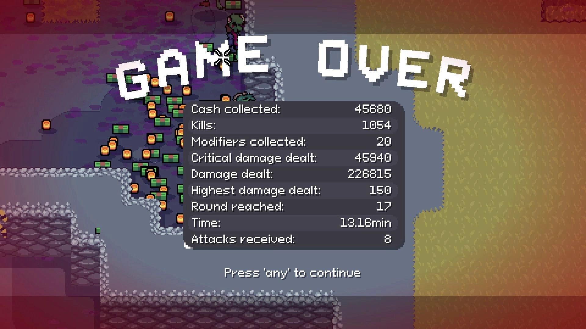 Rotten: Game over screen with stats on cash, kills, modifiers, and rounds reached in pixelated style.