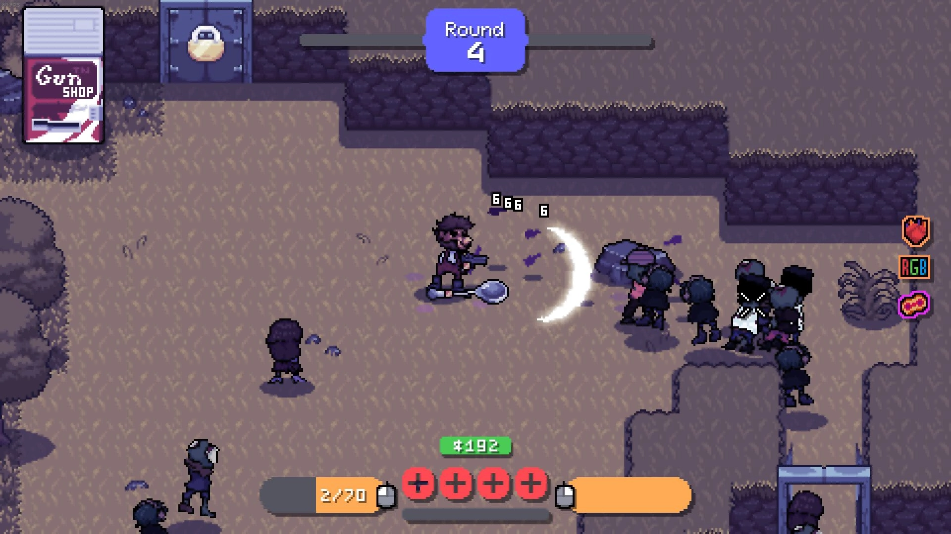 Rotten: Player fights zombie horde using spoon weapon in round 4, with health and currency displayed