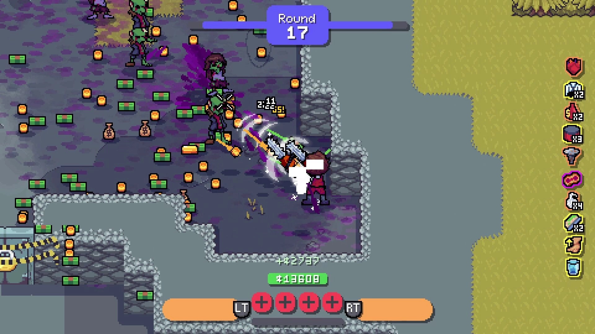 Rotten: Player battles hordes of green enemies in Round 17 with weapons and pickups filling the ground.