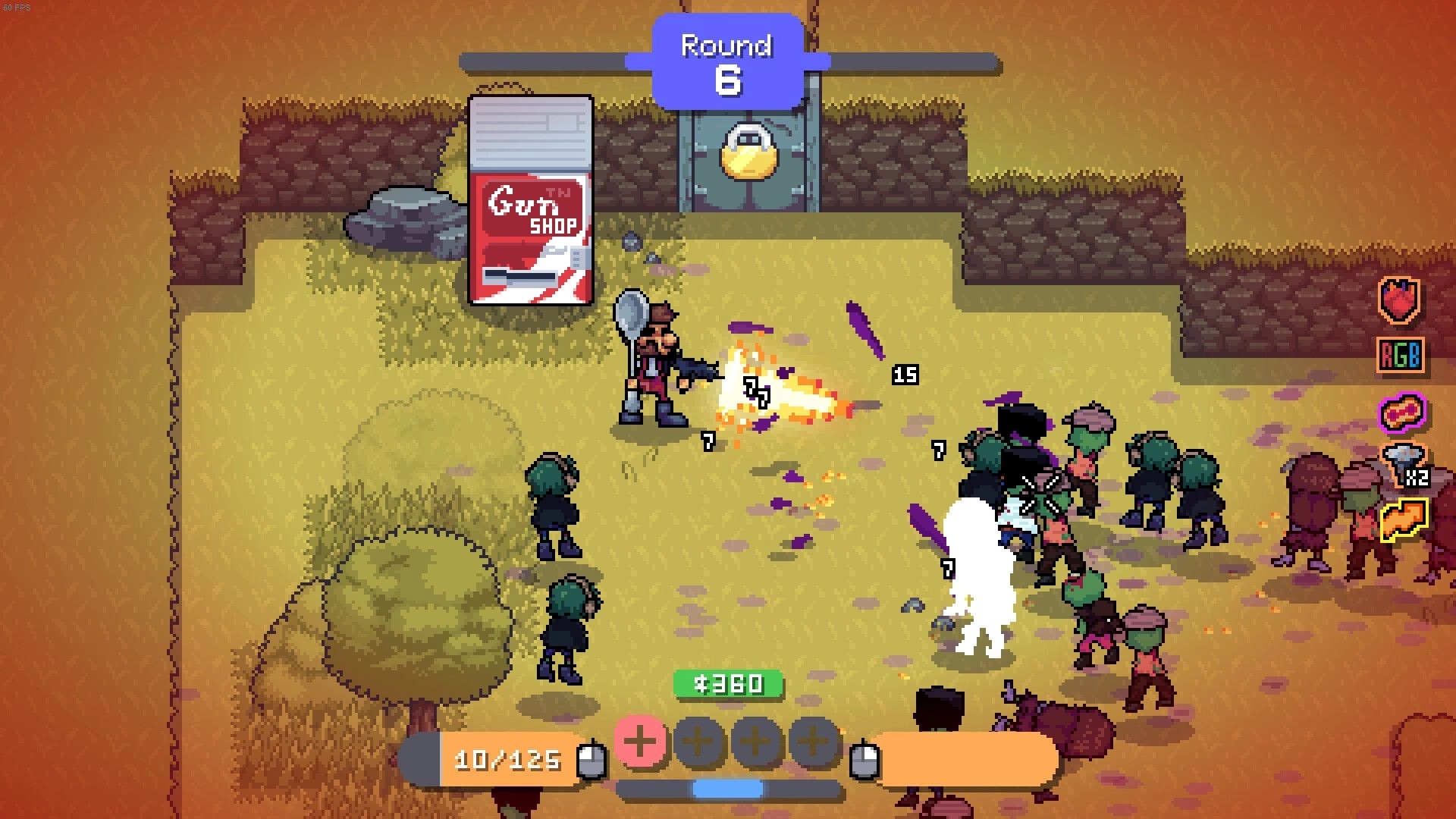 Rotten: Player character battling hordes of enemies in a grassy area with health and currency UI visible.