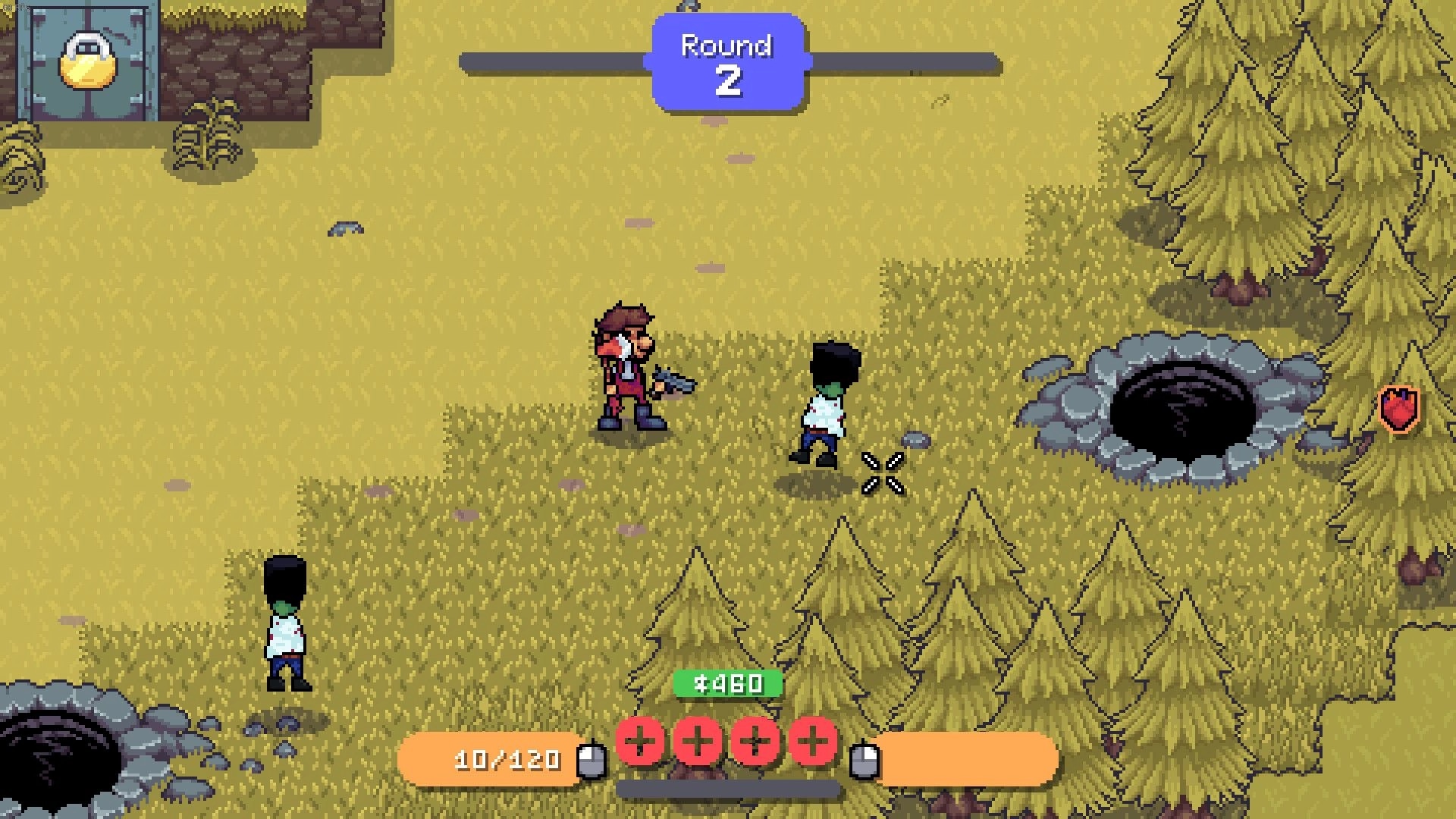 Rotten: Player character aiming at enemy beside forest pit in Round 2 with health and score display visible
