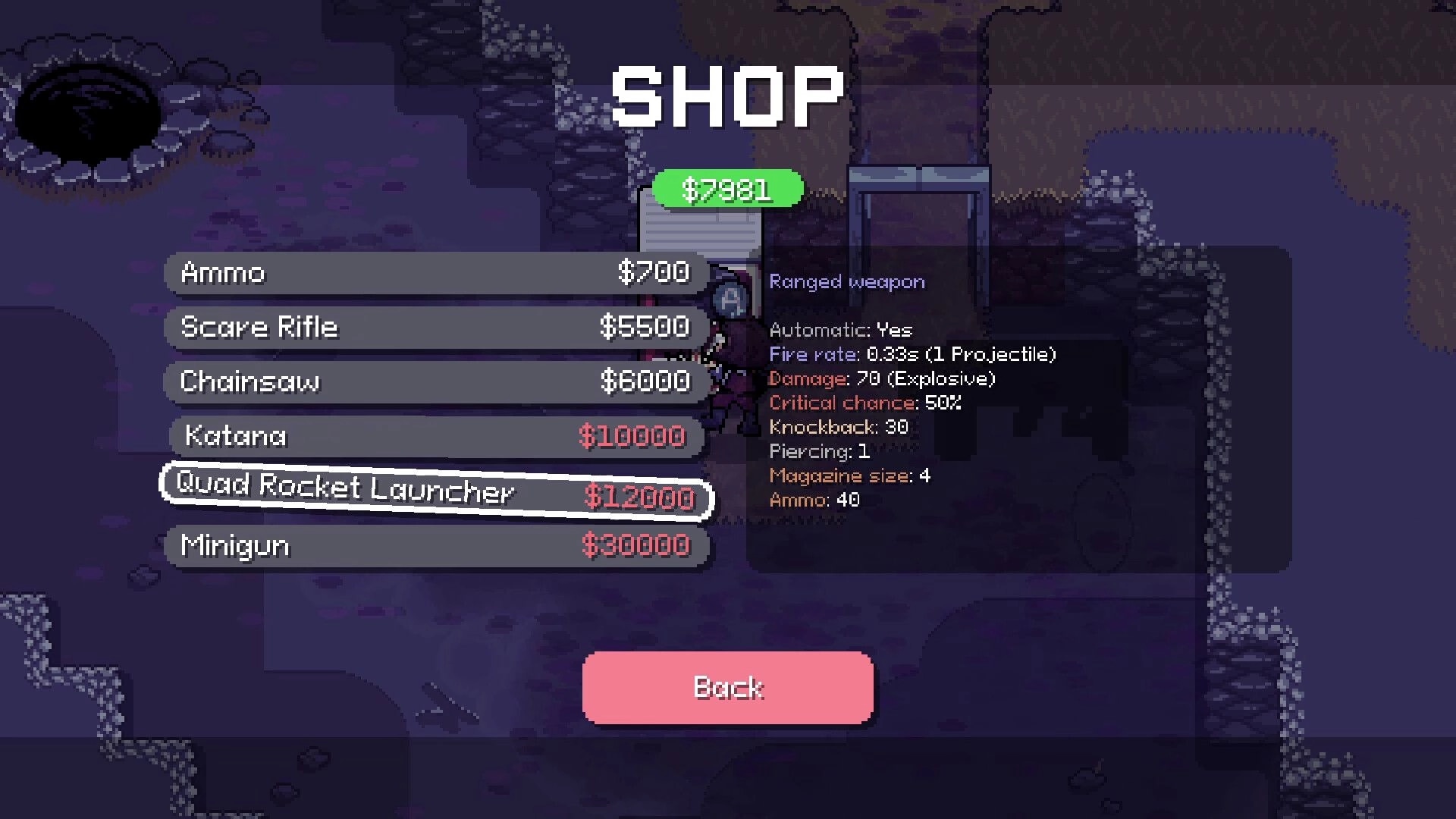 Rotten: Shop menu displaying weapon options and stats in a dark underground cavern environment.