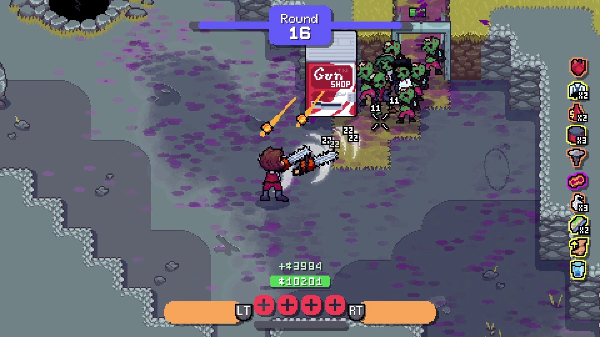 Rotten: Player attacks horde of zombies near gun shop in round 16, with UI showing health and gear.
