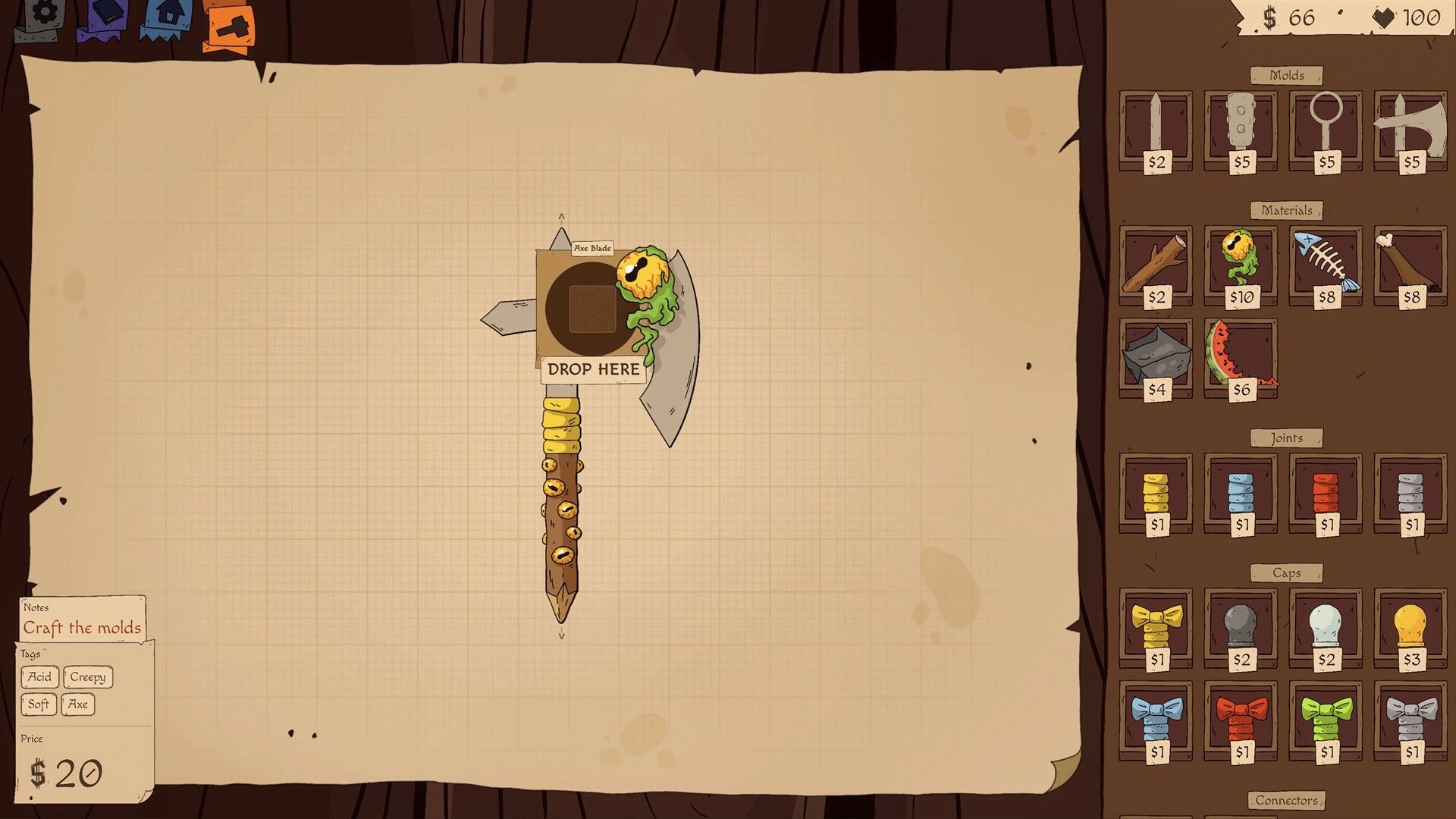 Roughly Crafted: Axe crafting layout with drop slot and parts shop menu on workshop parchment grid.