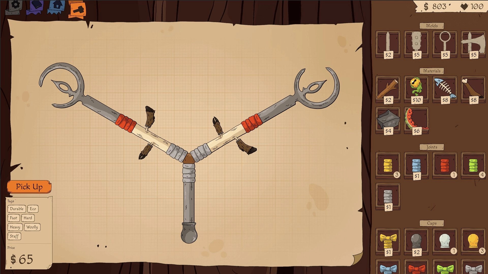 Roughly Crafted: Building a Y-shaped double hook staff in crafting UI with parts shop sidebar.