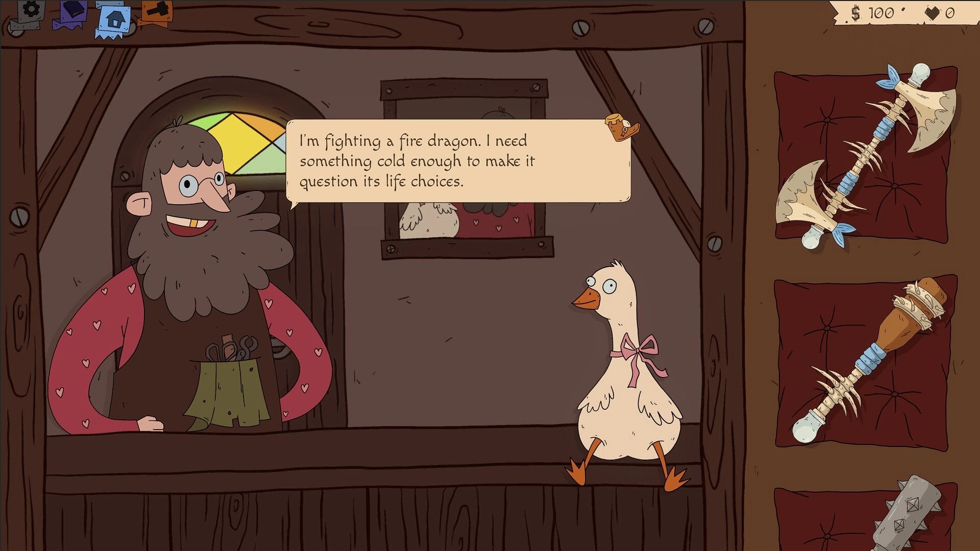 Roughly Crafted: Bearded shopkeeper chats with goose customer in wooden workshop with weapon display UI.