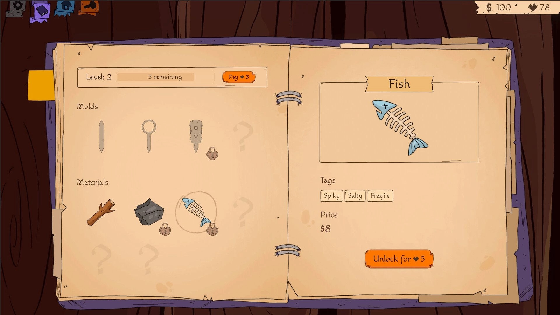 Roughly Crafted: Crafting book UI highlighting Fish material with tags and unlock button on desk.