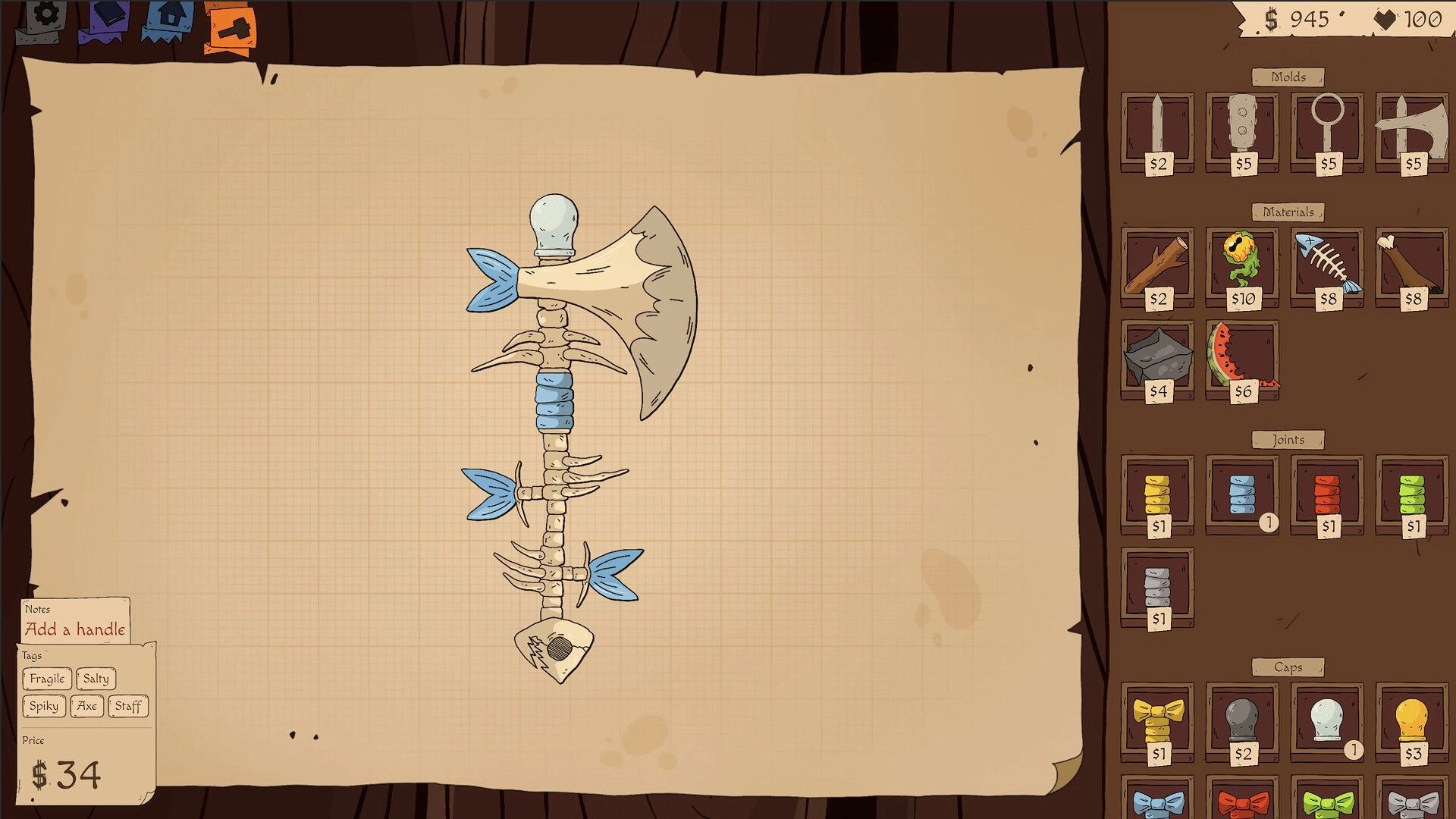 Roughly Crafted: Fishbone axe-staff on crafting grid with molds, materials, and joints sidebar.