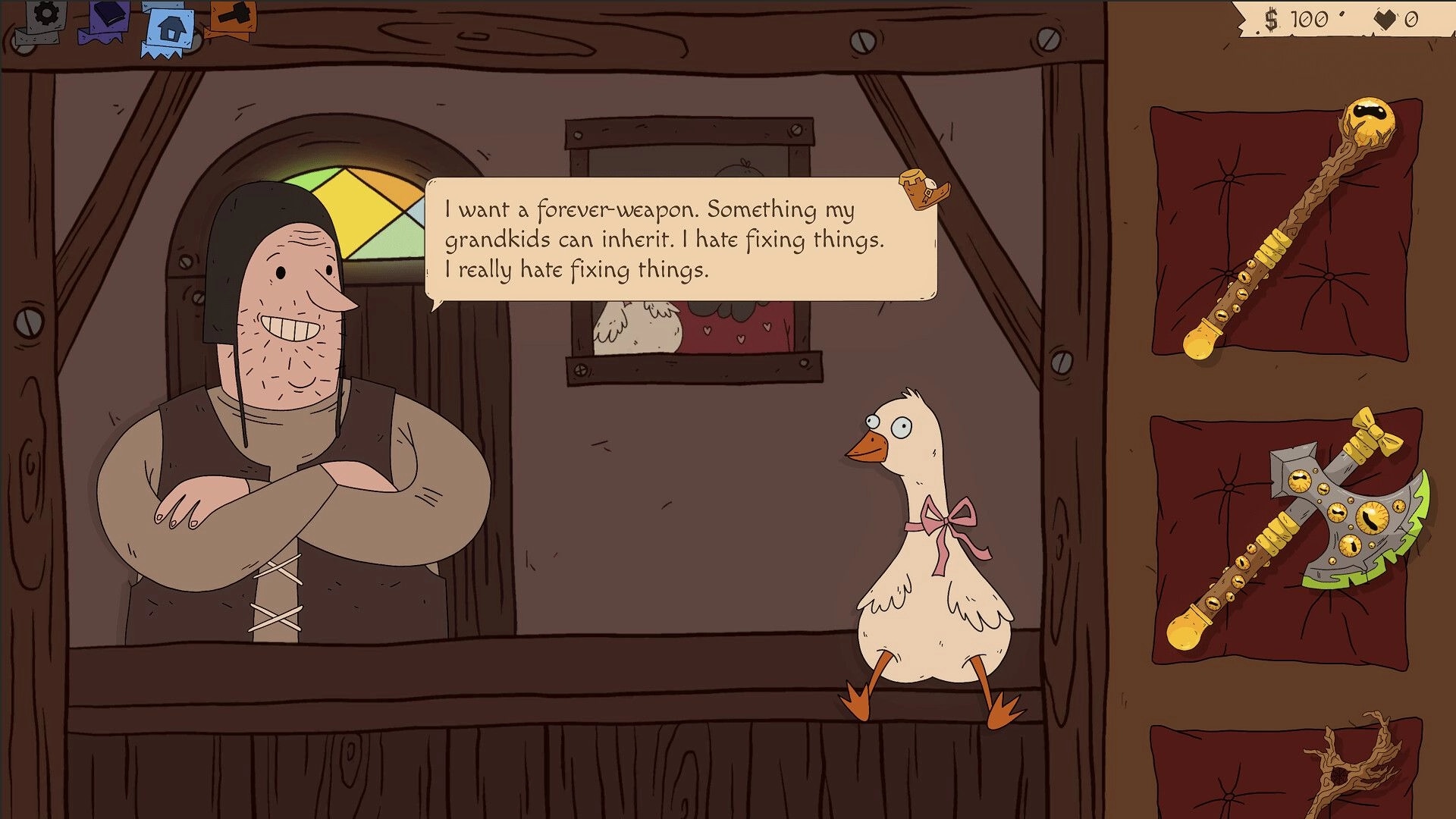 Roughly Crafted: Customer dialogue with duck clerk and weapon list UI inside wooden shop counter.