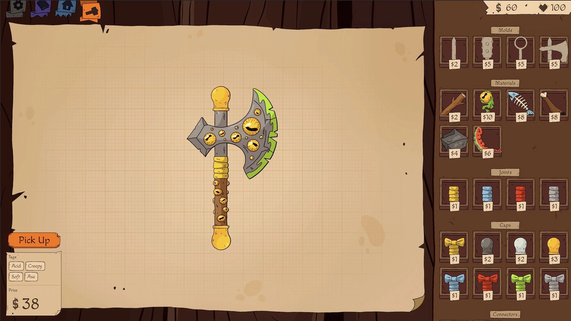 Roughly Crafted: Custom axe assembly on parchment grid with parts shop UI and price tags sidebar.