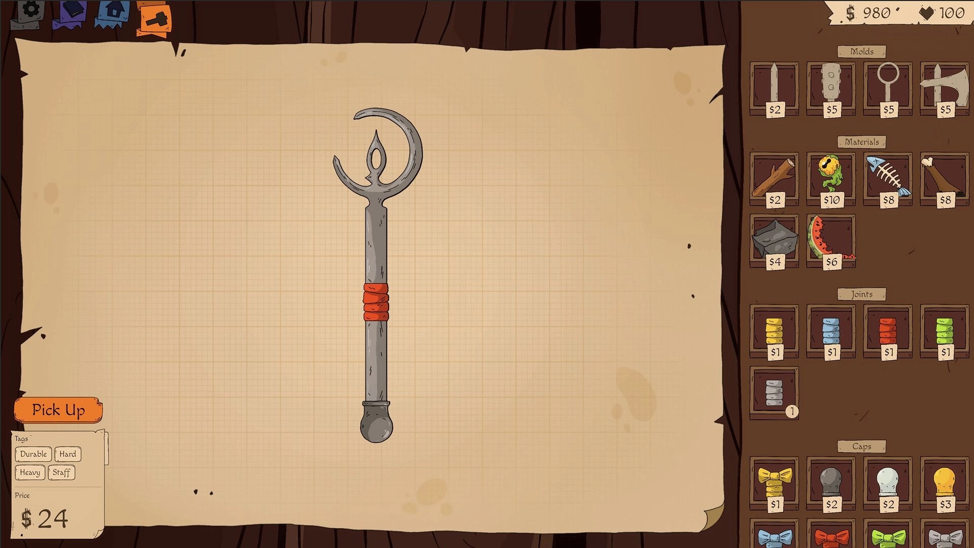 Roughly Crafted: Staff crafting screen with crescent head and parts shop menu on wooden desk.