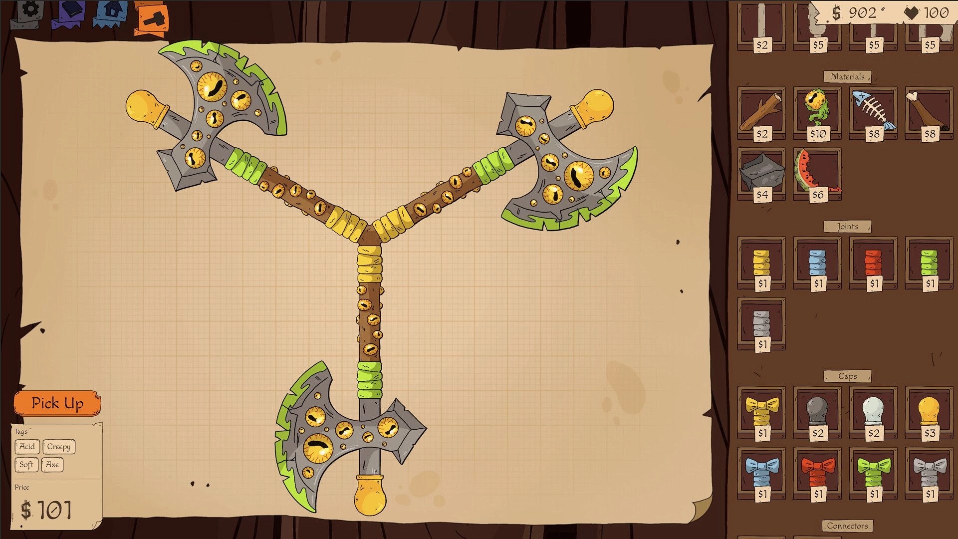 Roughly Crafted: triple-headed axe crafting layout with materials shop UI on parchment workbench screen.