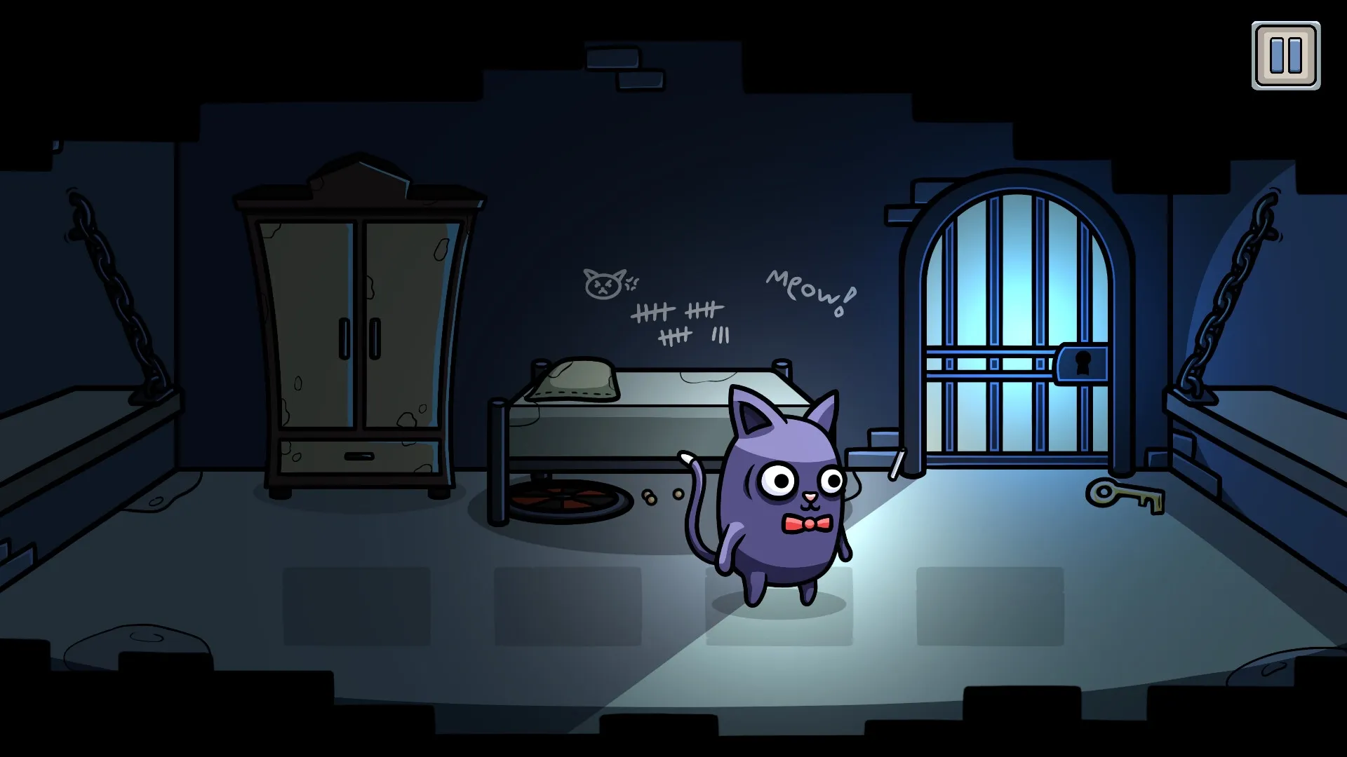 Roulette Dungeon: Purple cat character in dim dungeon room with bed, chains, and locked door