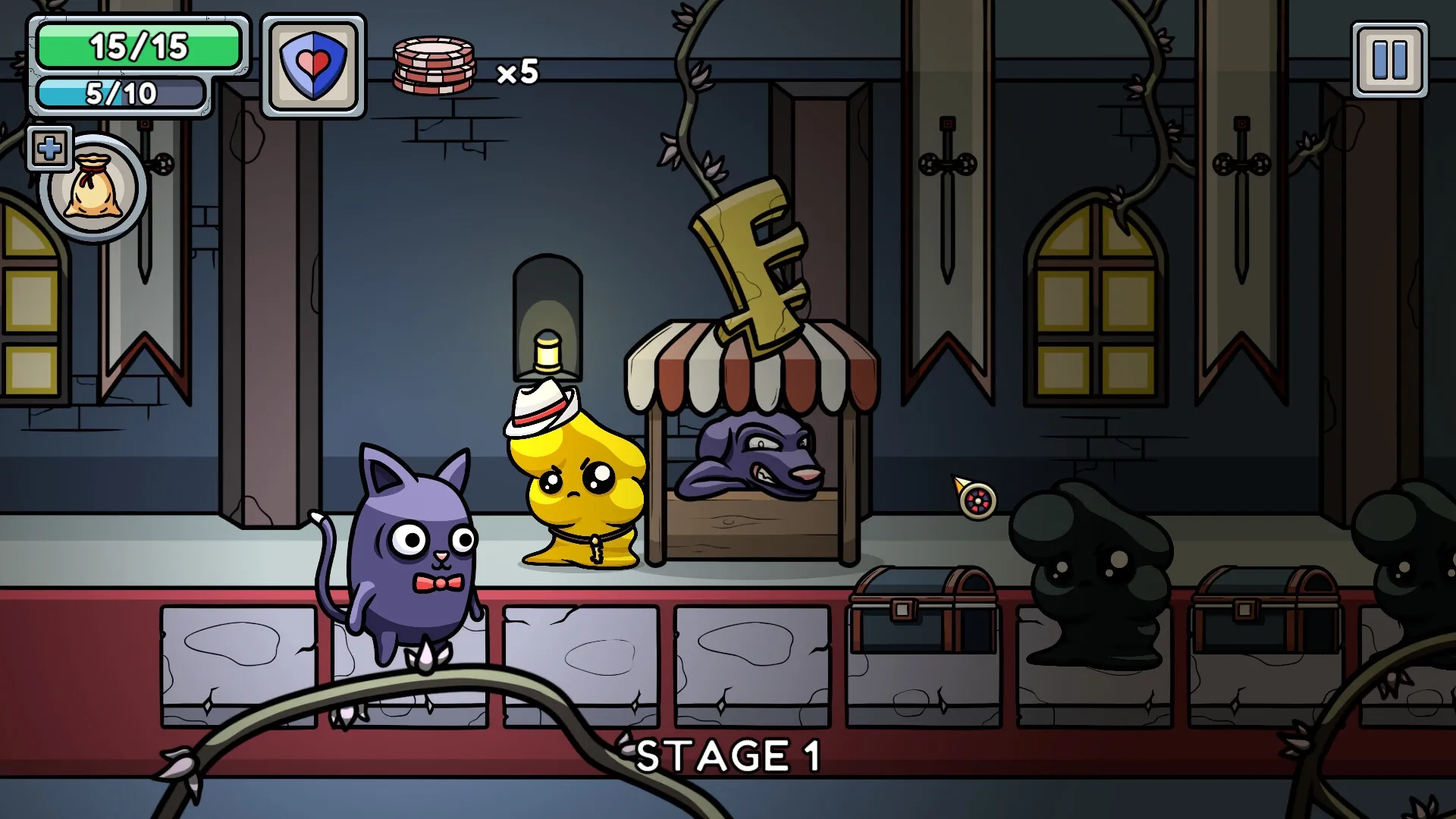 Roulette Dungeon: Cartoon cat and yellow blob explore dungeon with health bar and roulette icon visible