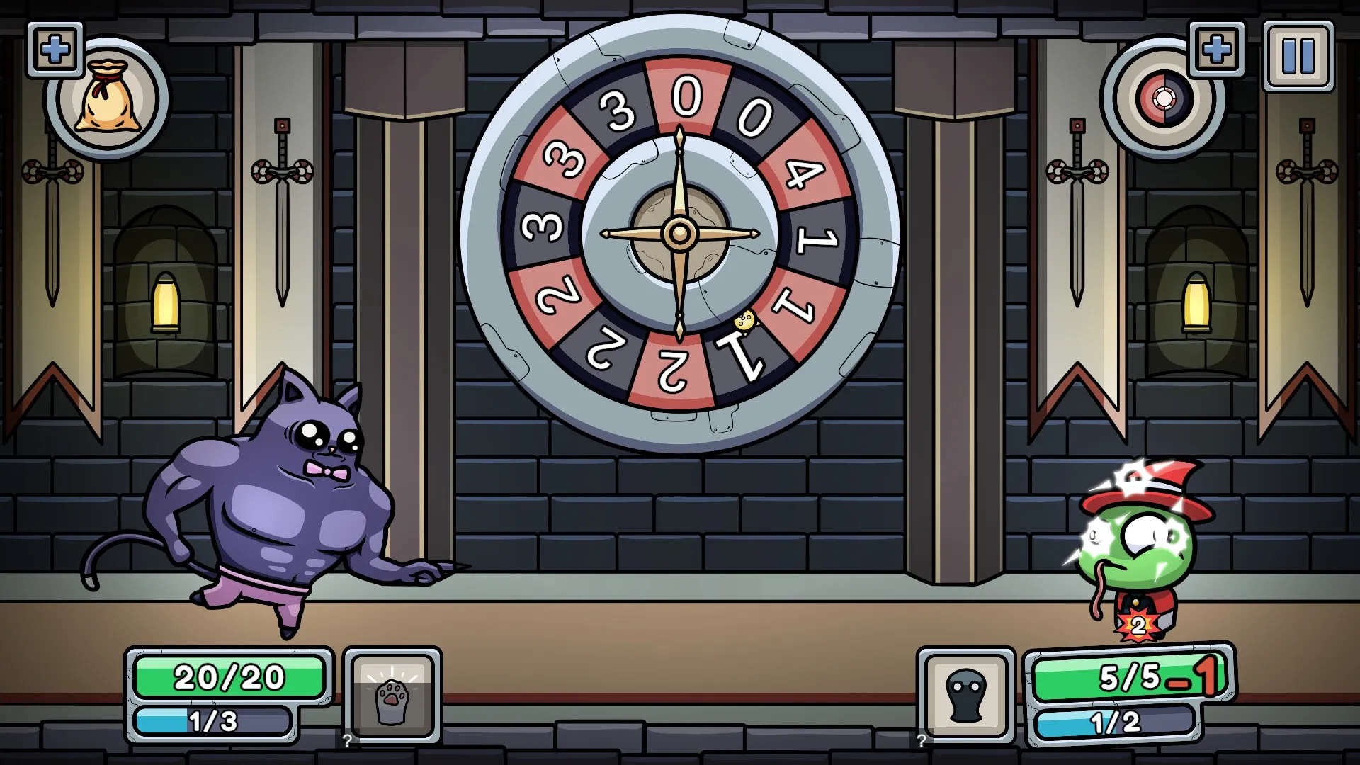 Roulette Dungeon: Goblin and monster face off with roulette wheel in stone dungeon environment