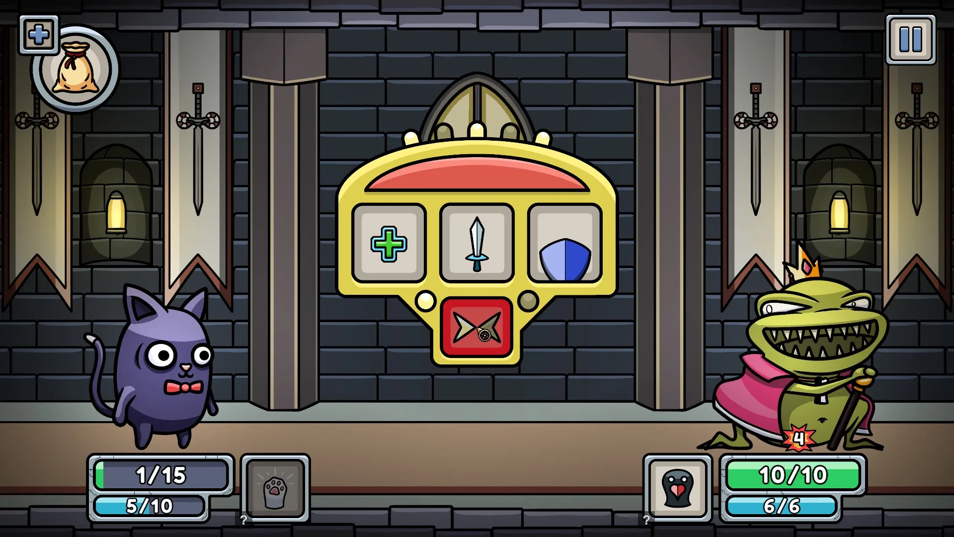 Roulette Dungeon: Cat character facing enemy frog king in dungeon with roulette wheel interface visible