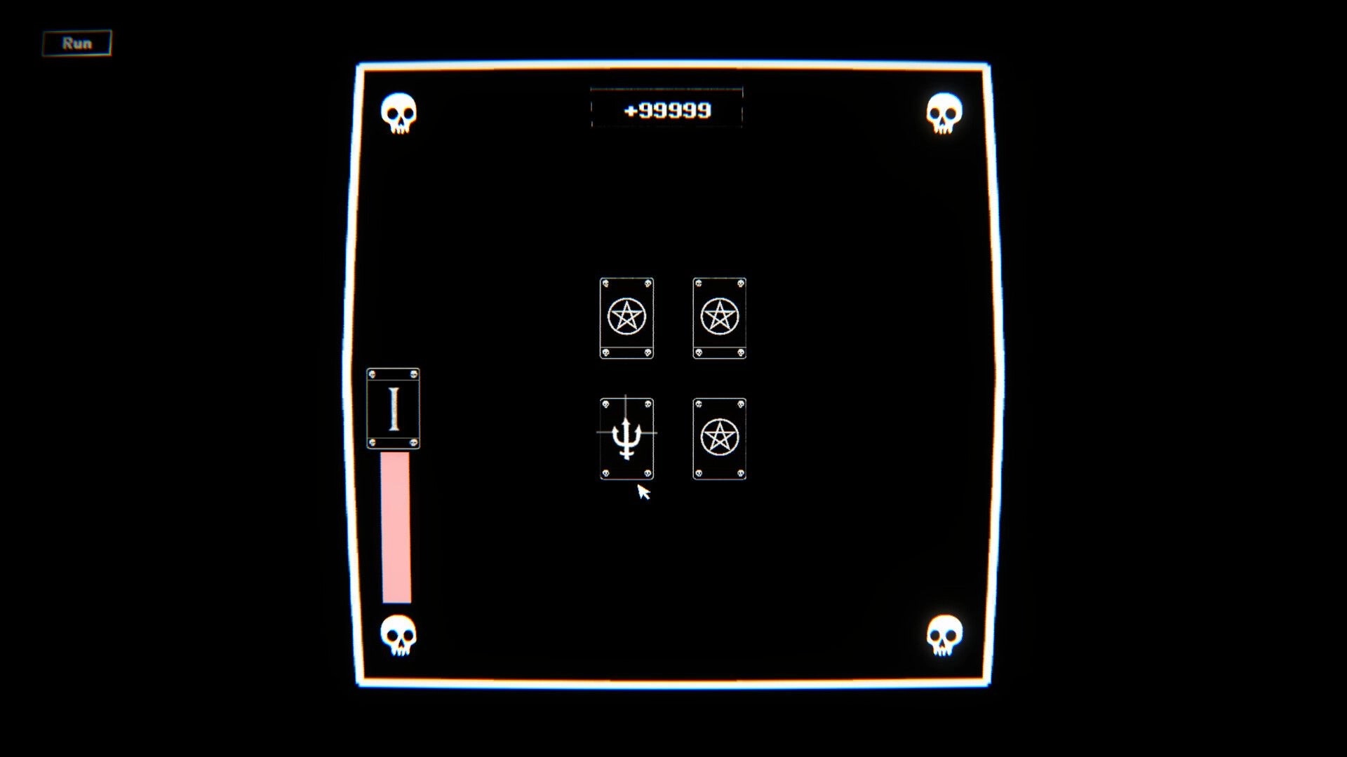 Roulette of the Void: Card selection interface with pentagrams and a trident symbol in dark void setting