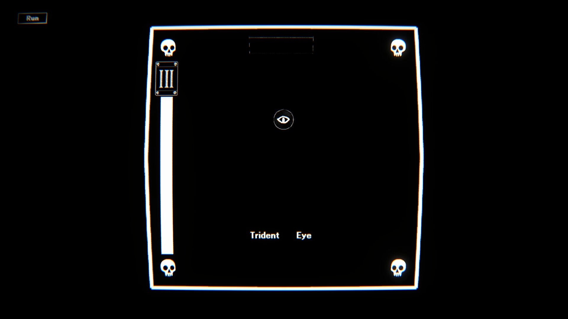 Roulette of the Void: Central eye icon with skull corners and "Run" button in dark minimalist interface.