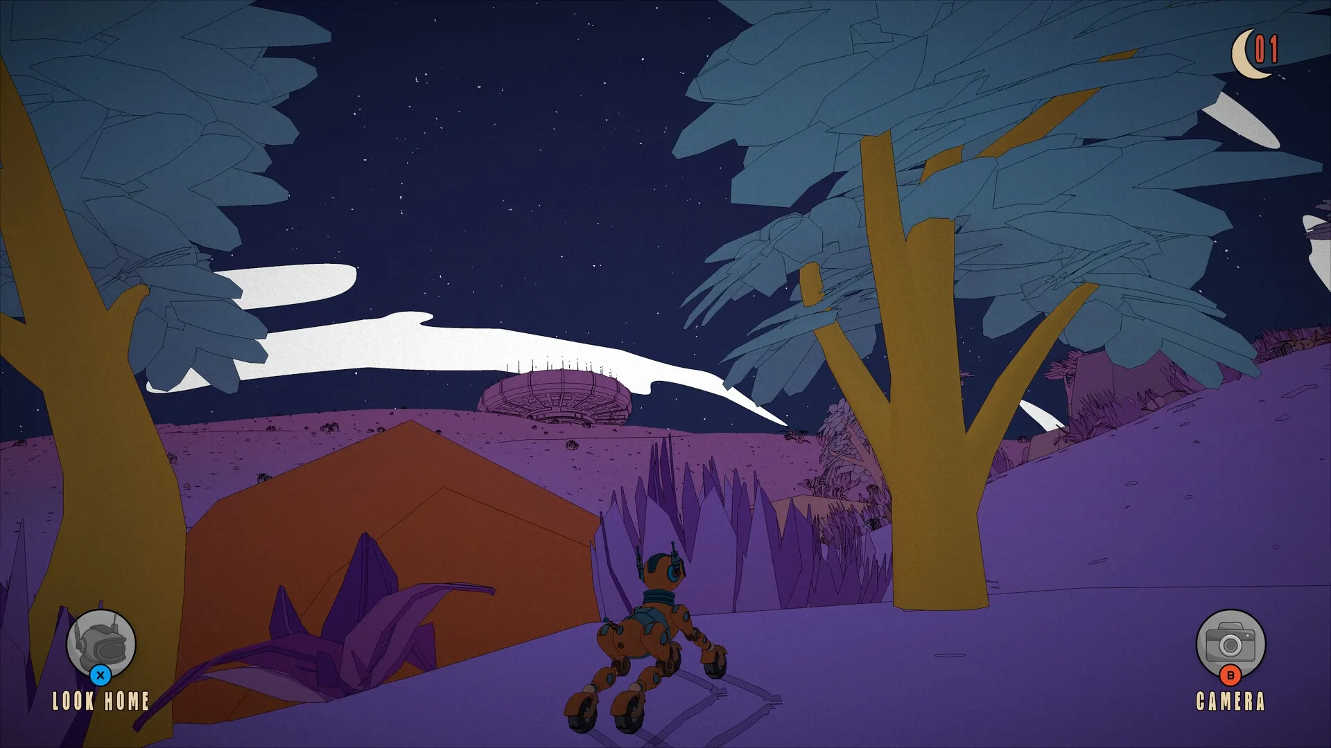 ROVA: Rover exploring alien terrain with trees under starry sky, UI shows "Look Home" and "Camera" options.