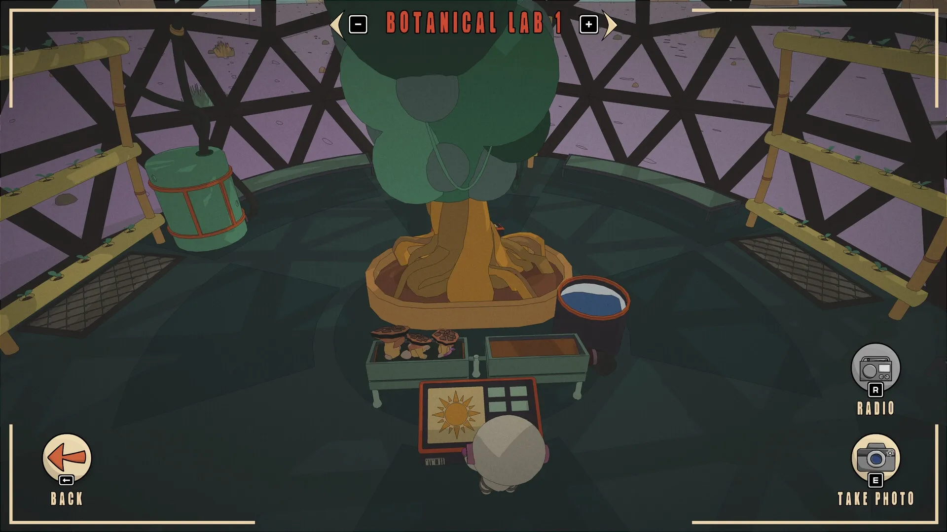 ROVA: Player examines alien plant in Botanical Lab 1 with growth stations and equipment visible