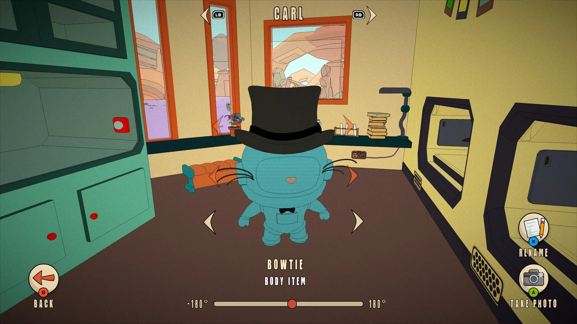 ROVA: Character Carl wearing a top hat in a cozy room with windows, furniture, and interactive UI elements.