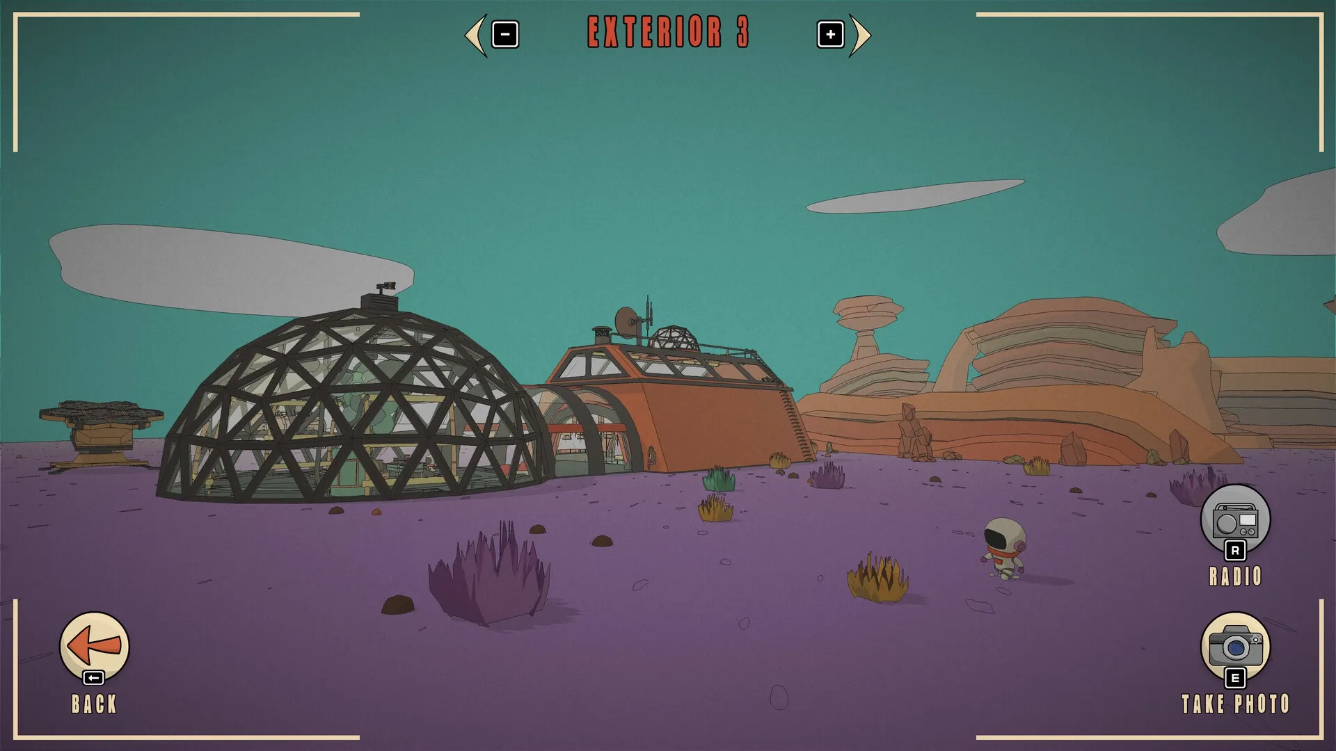 ROVA: Space rover exploring purple terrain with domed colony buildings and UI photo options visible