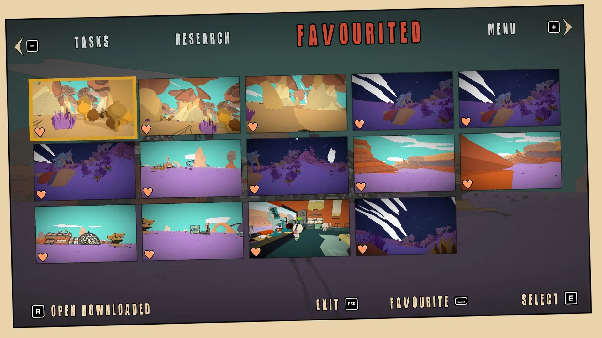 ROVA: Favourited photos gallery with various alien landscapes and heart icons for selection
