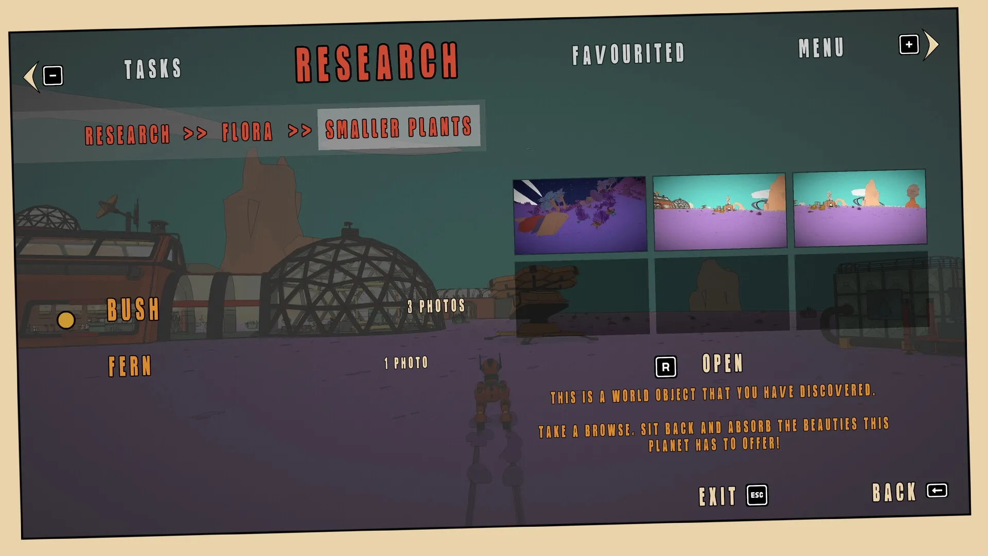 ROVA: Research menu displaying flora photos with options to explore small plants on an alien planet
