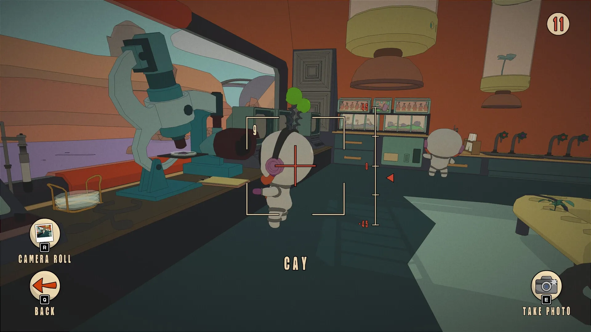 ROVA: Astronaut in lab photographing microscope, plants in futuristic research station with UI elements