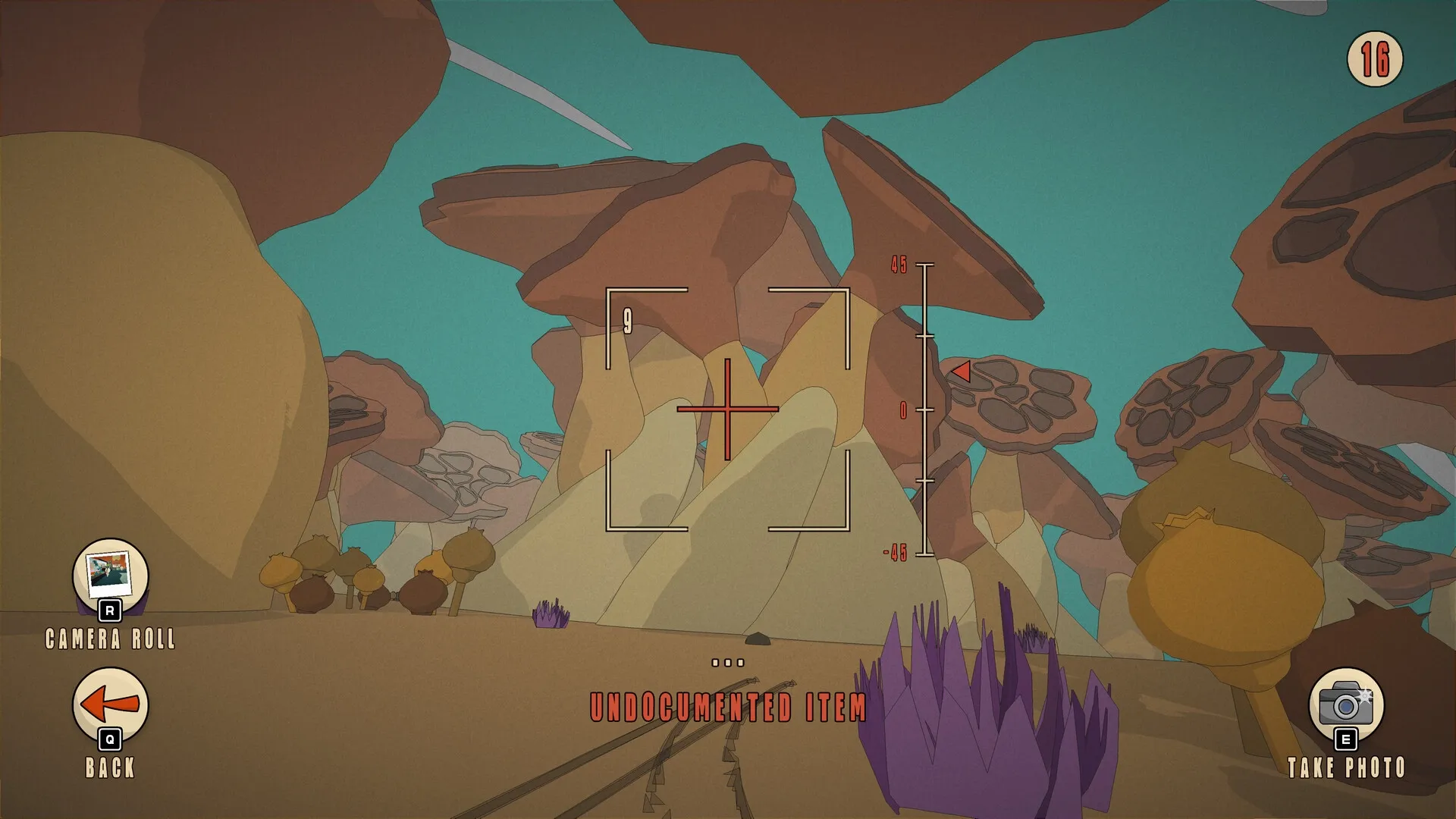 ROVA: Camera viewfinder focusing on alien rock formations with photography UI elements in desert landscape