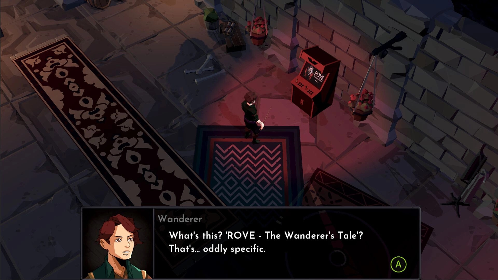 ROVE: Wanderer examines arcade machine in dimly lit stone room with carpet and dialogue box visible.