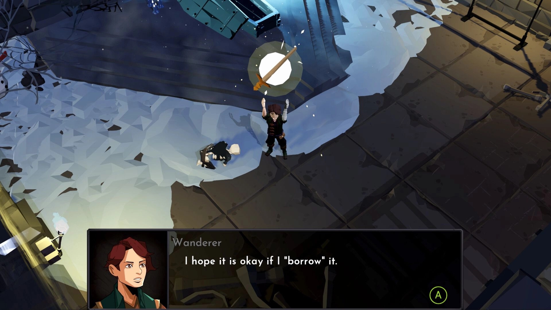 ROVE: Wanderer holding item above snowy terrain with dialogue box and skeleton on ground nearby