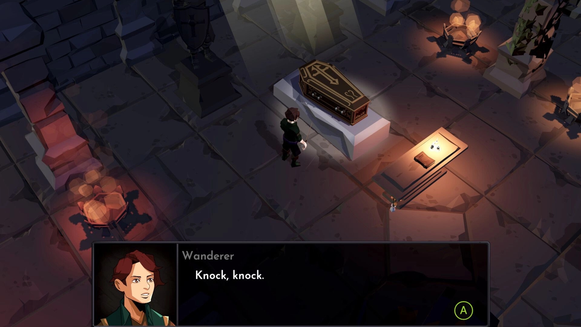 ROVE: Wanderer inspects ornate coffin in dimly lit crypt, dialogue box reads "Knock, knock."