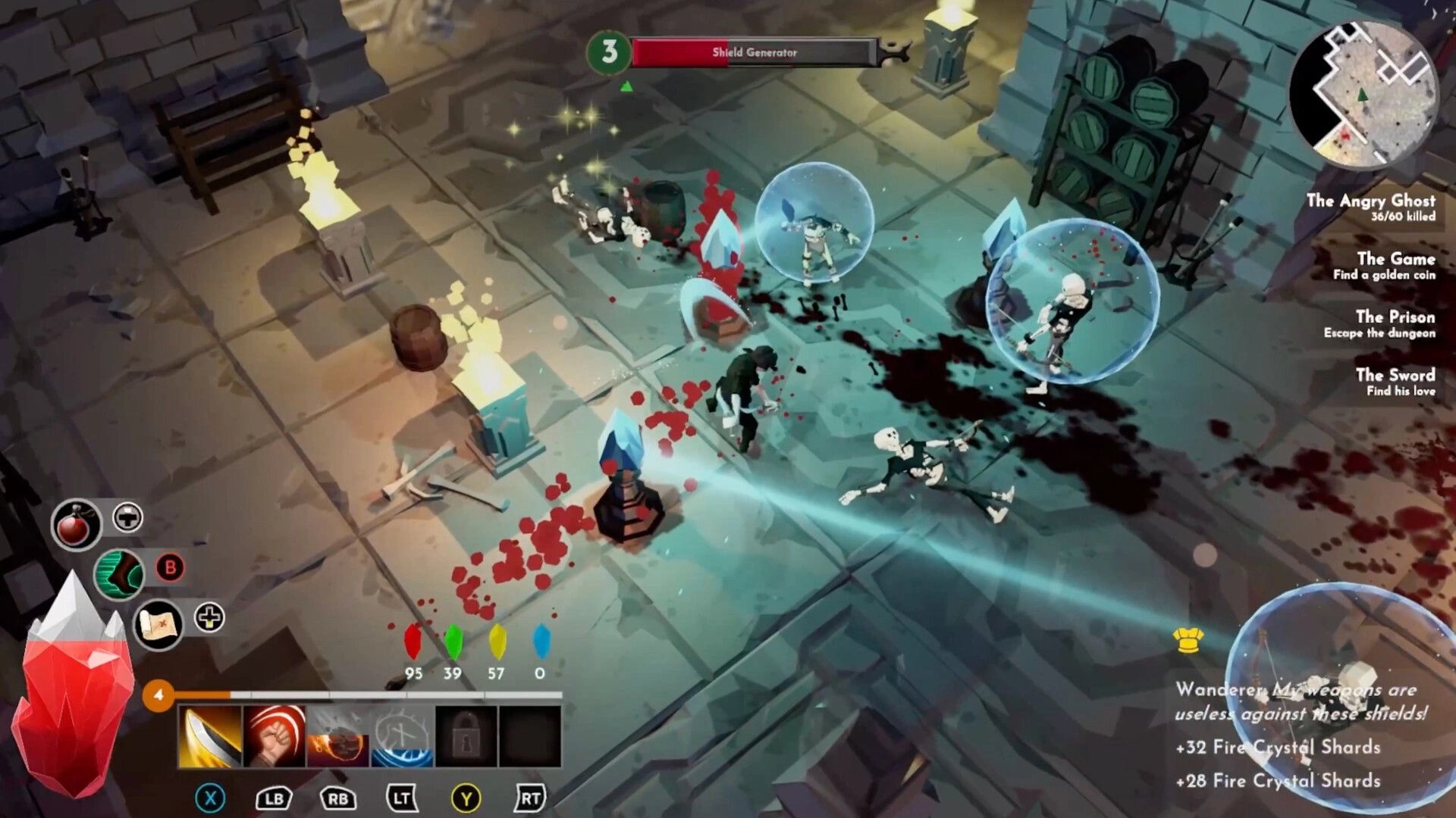 ROVE: Combat with skeletons and shield generators in a dungeon, with quests and inventory UI visible