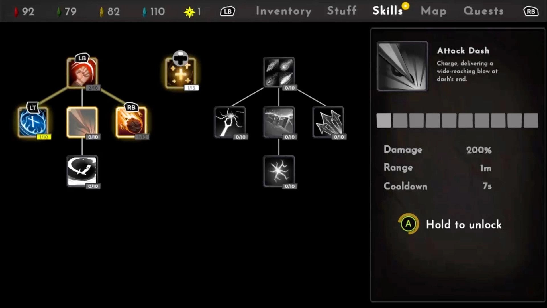 ROVE: Skill tree interface displaying abilities and stats for customization in adventure setting.
