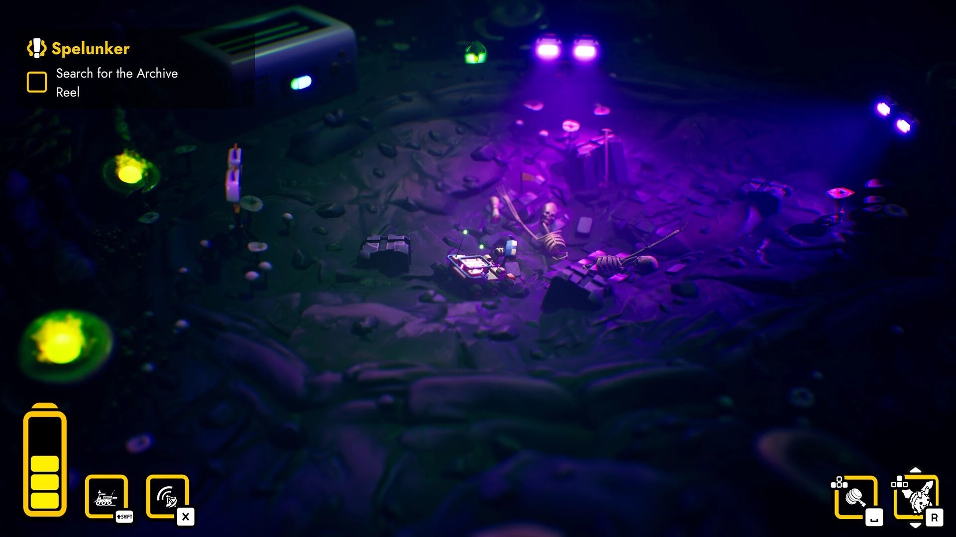Rover’s Tale: Spelunker quest HUD over rover by a lit device in a purple cavern with bones and crates.