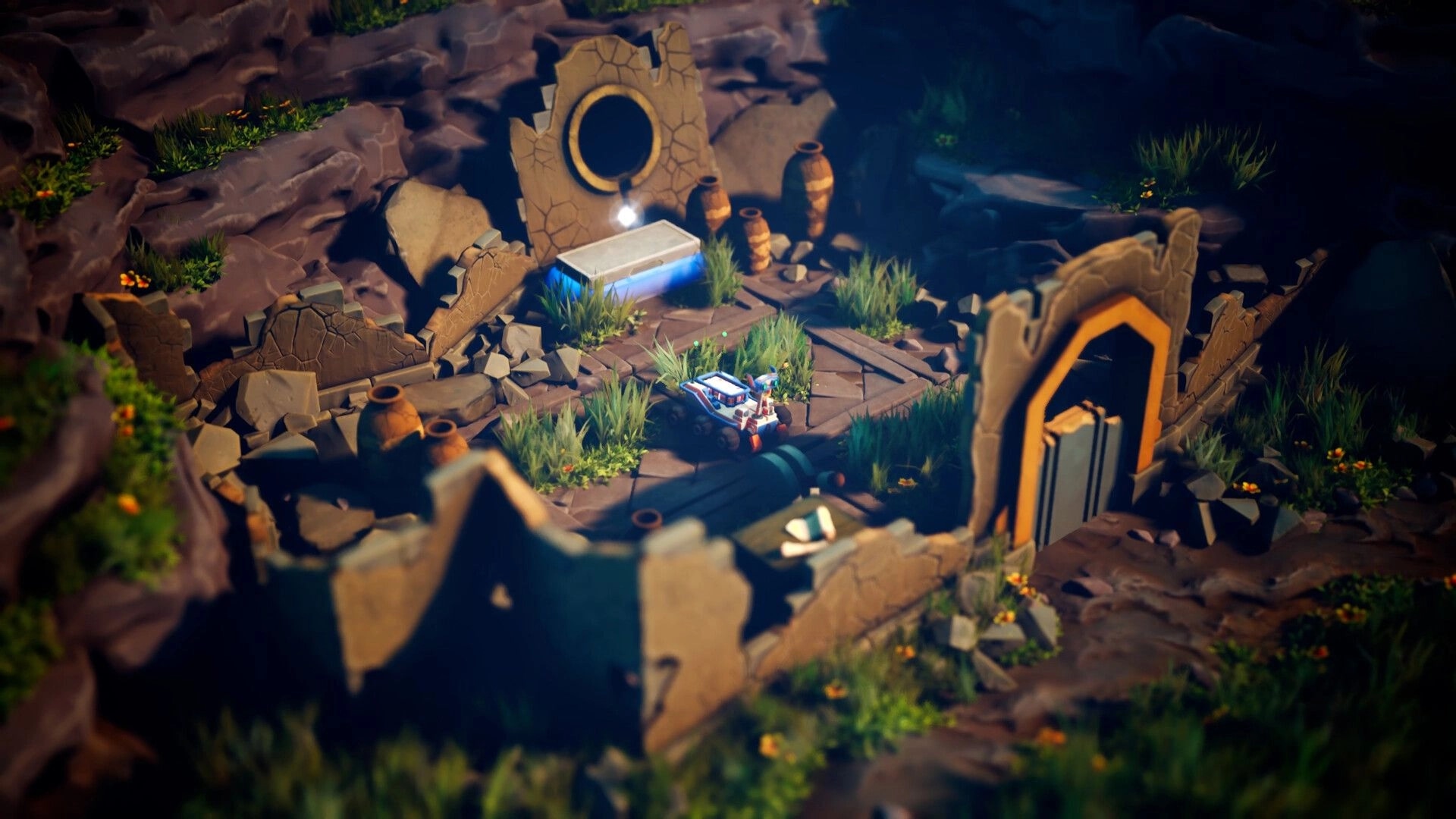 Rover’s Tale: Rover buggy explores broken stone ruins near a sealed doorway and glowing pedestal in canyon.