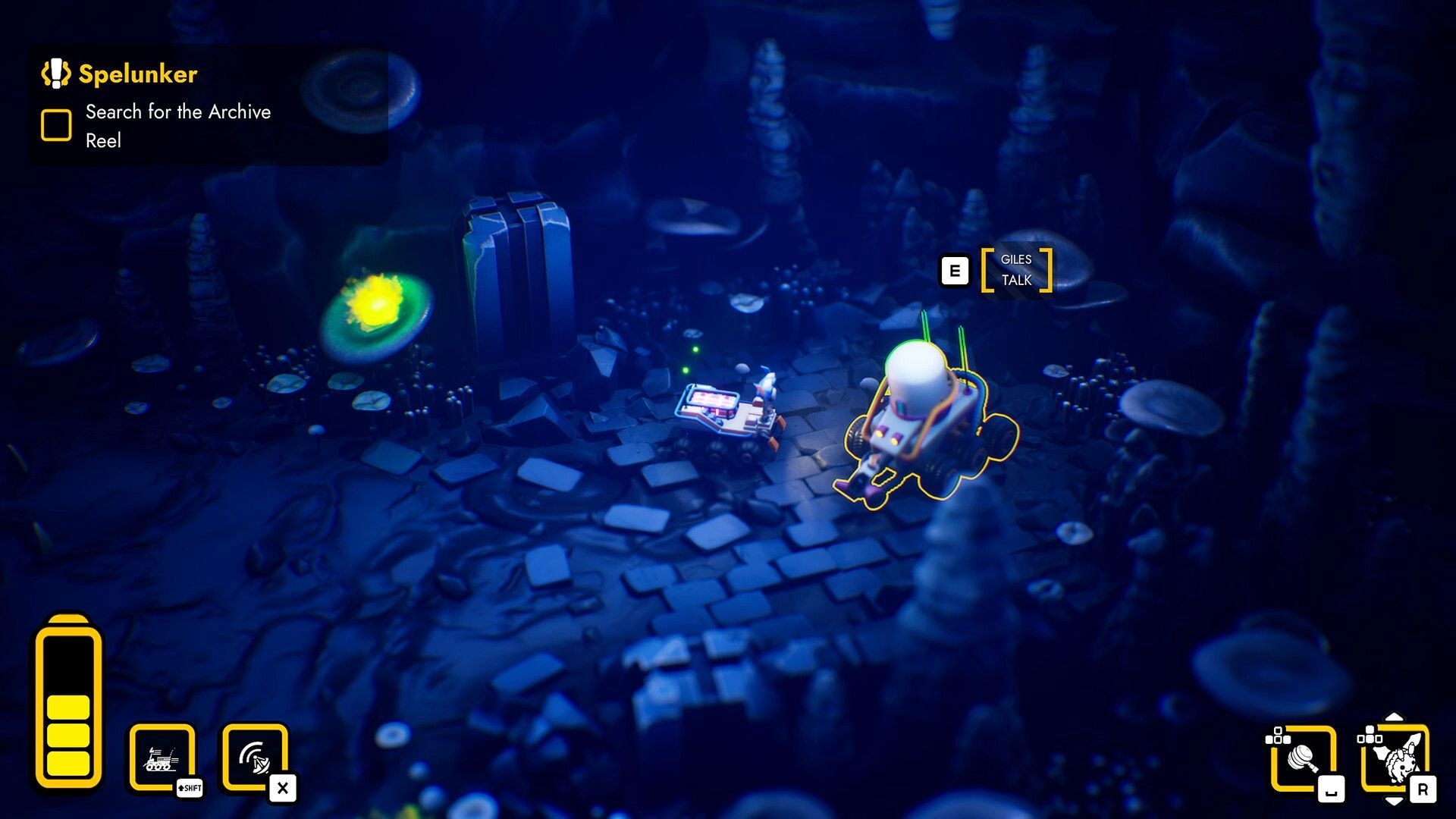 Rover’s Tale: Talk prompt for Giles beside a console in a glowing blue cave with mushrooms and rocks.
