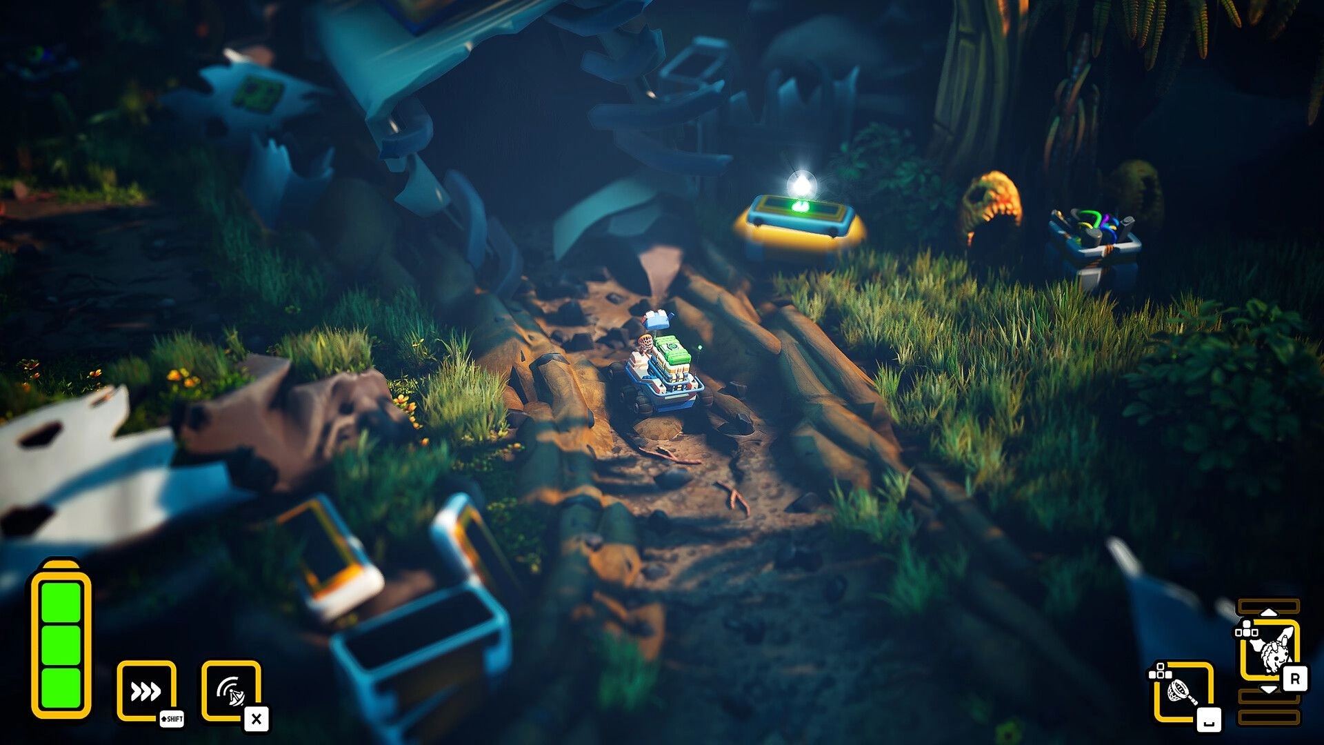Rover’s Tale: Rover drives a small rover cart past a glowing console in a grassy ruin corridor.