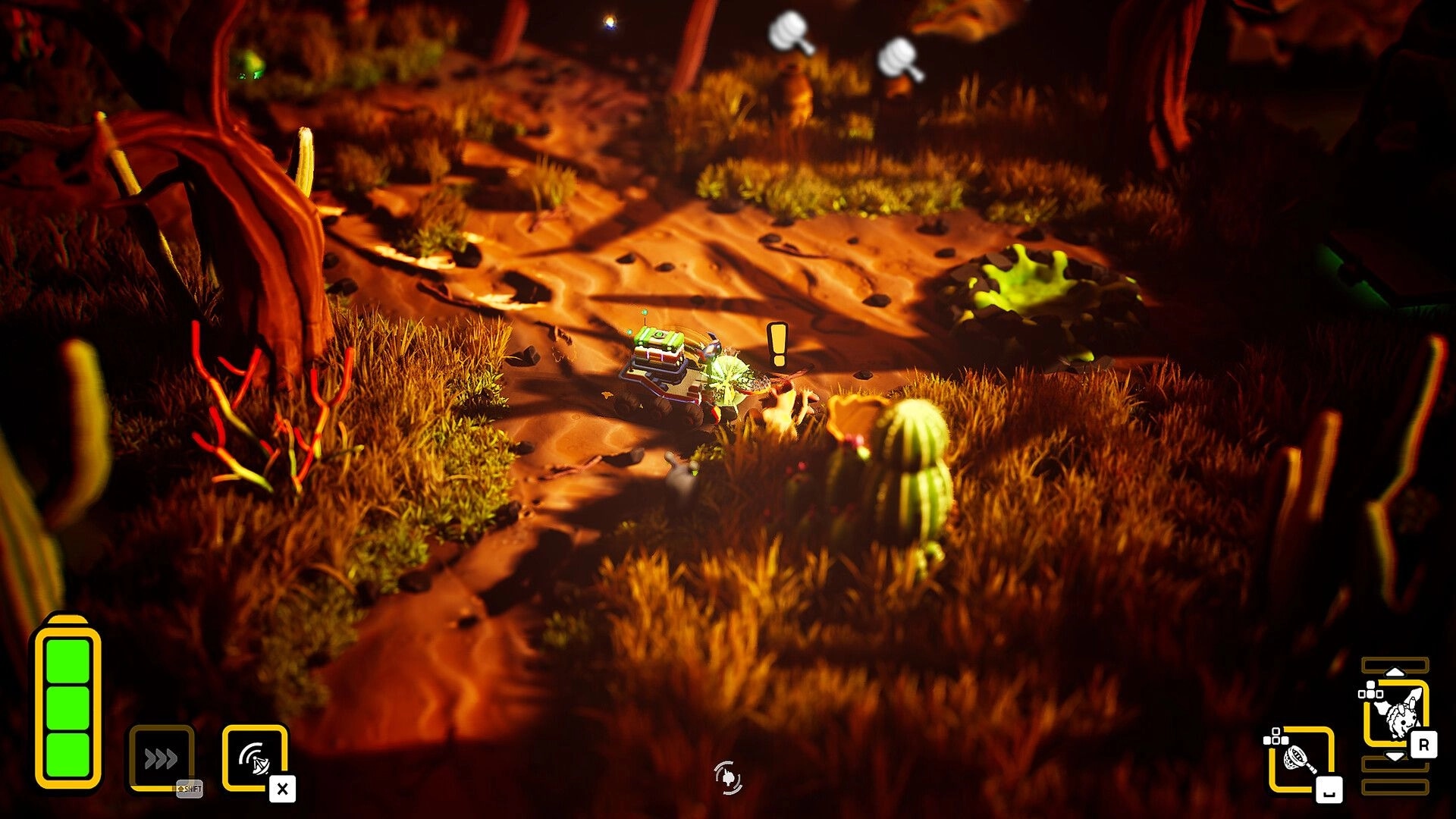 Rover’s Tale: Rover investigates a chest marked with an exclamation in a sandy cactus grove at dusk.