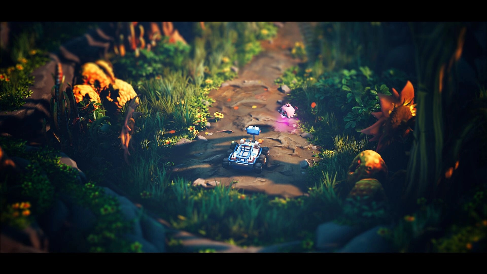 Rover’s Tale: Rover buggy chasing a pink floating creature along a rocky forest path with flowers.