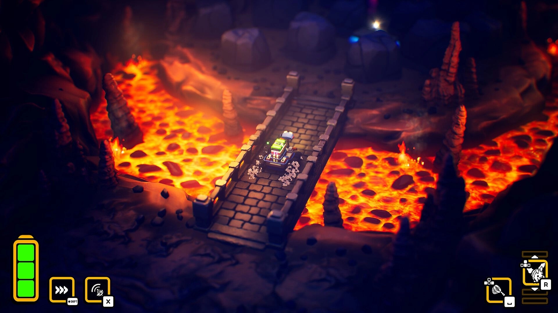 Rover’s Tale: Rover vehicle drives across stone bridge over lava river in a fiery cavern with HUD icons.