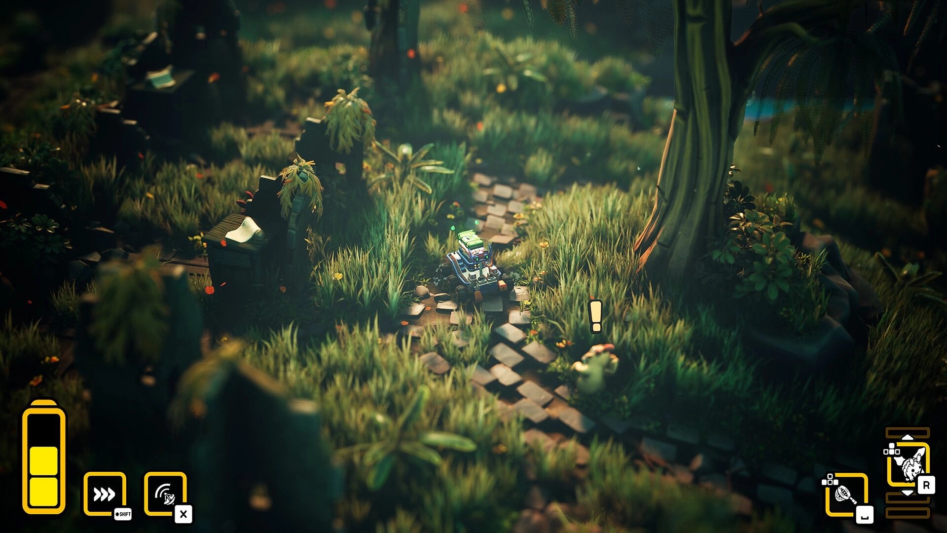Rover’s Tale: Rover vehicle approaches a startled creature icon on a mossy forest stone path with HUD.