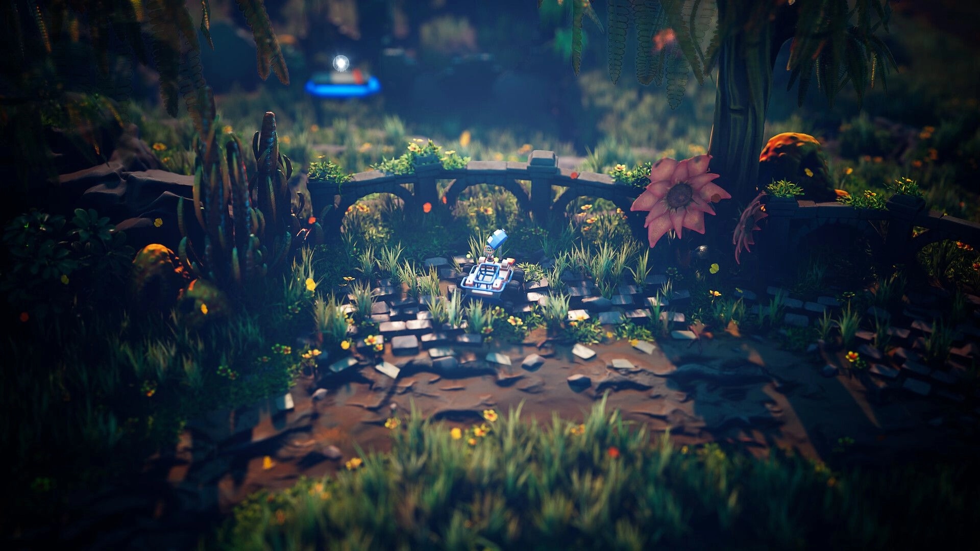 Rover’s Tale: Small rover vehicle parked on broken stone path in lush ruins with flowers and vines.
