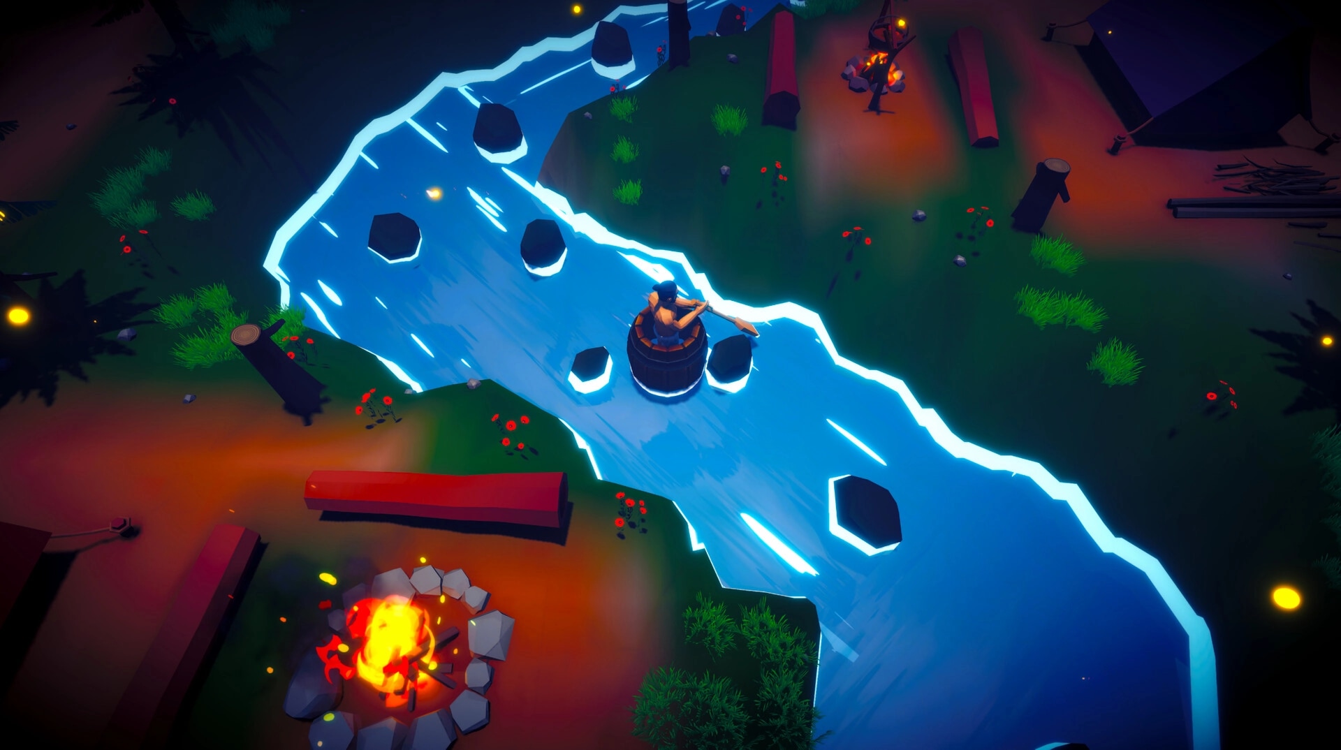 Row Away: Player in a barrel navigating river past glowing rocks, campsite with tents and campfire nearby