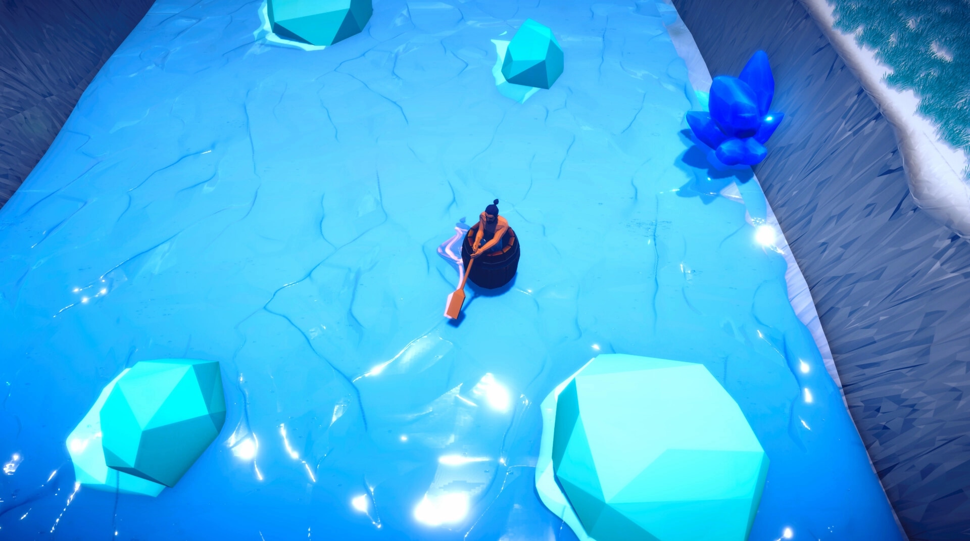 Row Away: Player in barrel canoe navigating icy river with blue crystals and polygonal obstacles