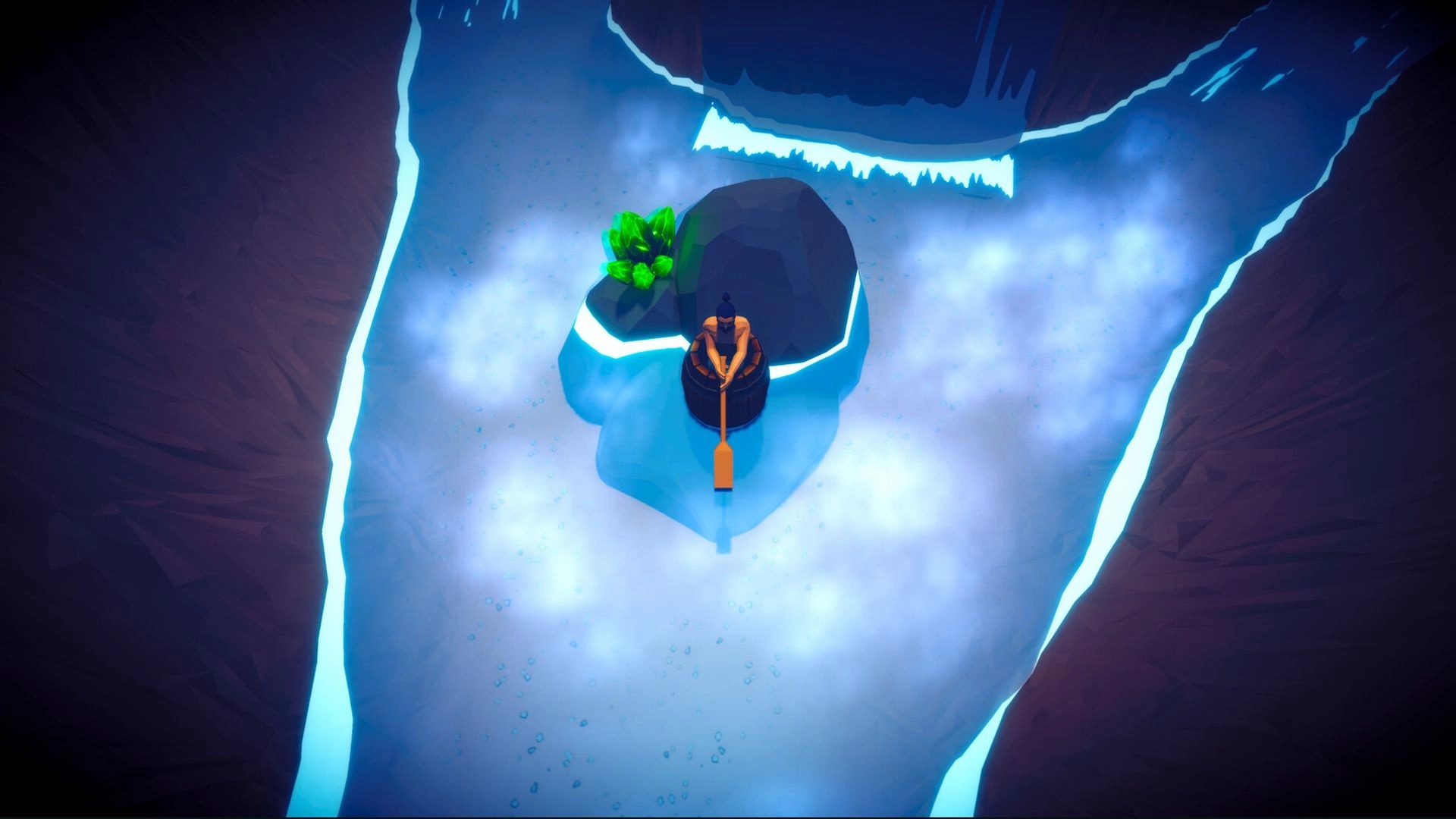 Row Away: Character rowing a barrel past rocks and glowing plants in a misty river canyon environment